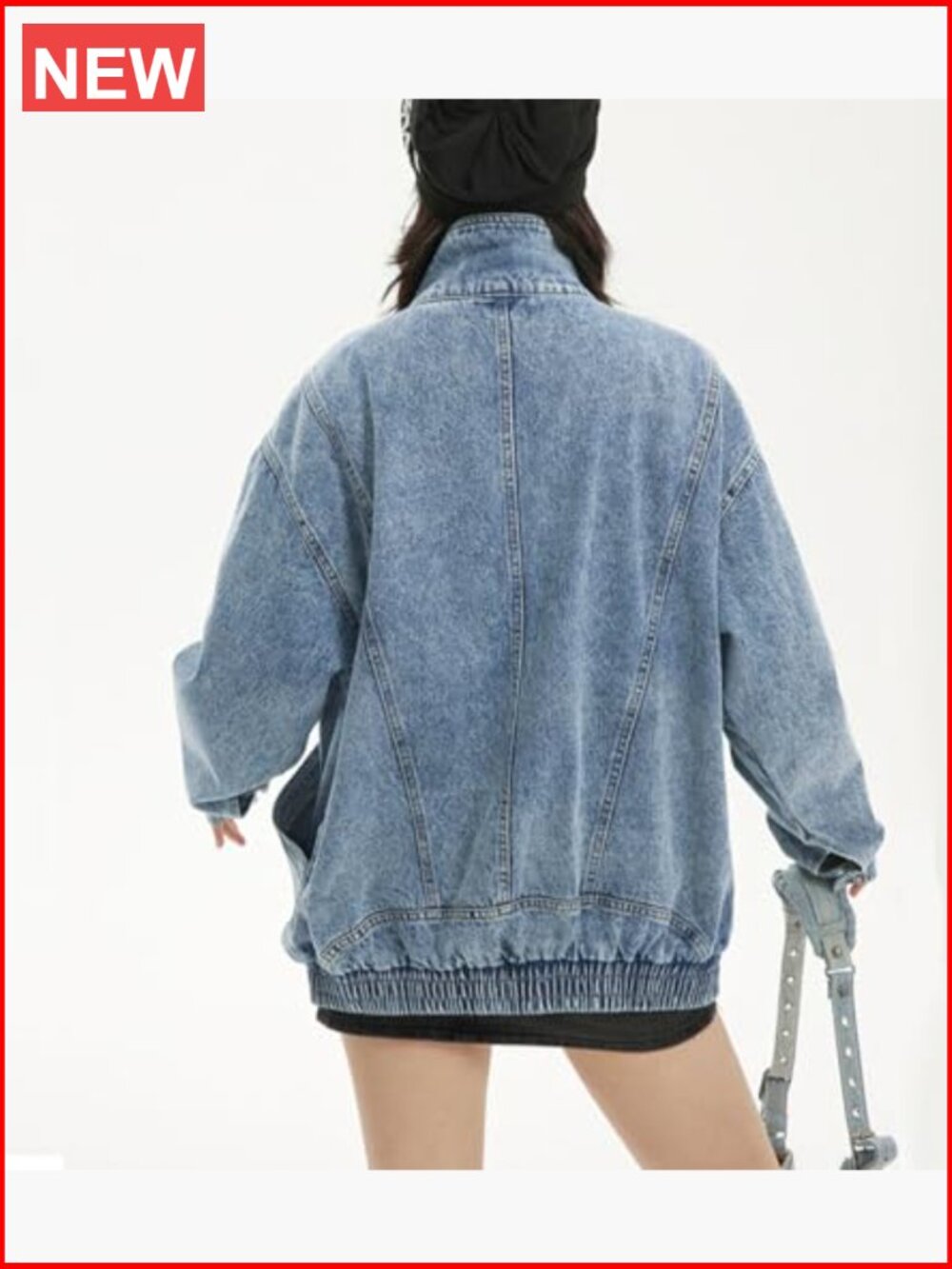 Oversized Stand Collar Shacket Jean Jacket Zip Up Distressed Frayed Denim Coat - Picture 4 of 7